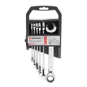 Набір ключів комбінованих, з тріскачкою, 6 шт., 8-19 мм, Cr-V, професійний, DIN3113 INTERTOOL (XT-1302) UA