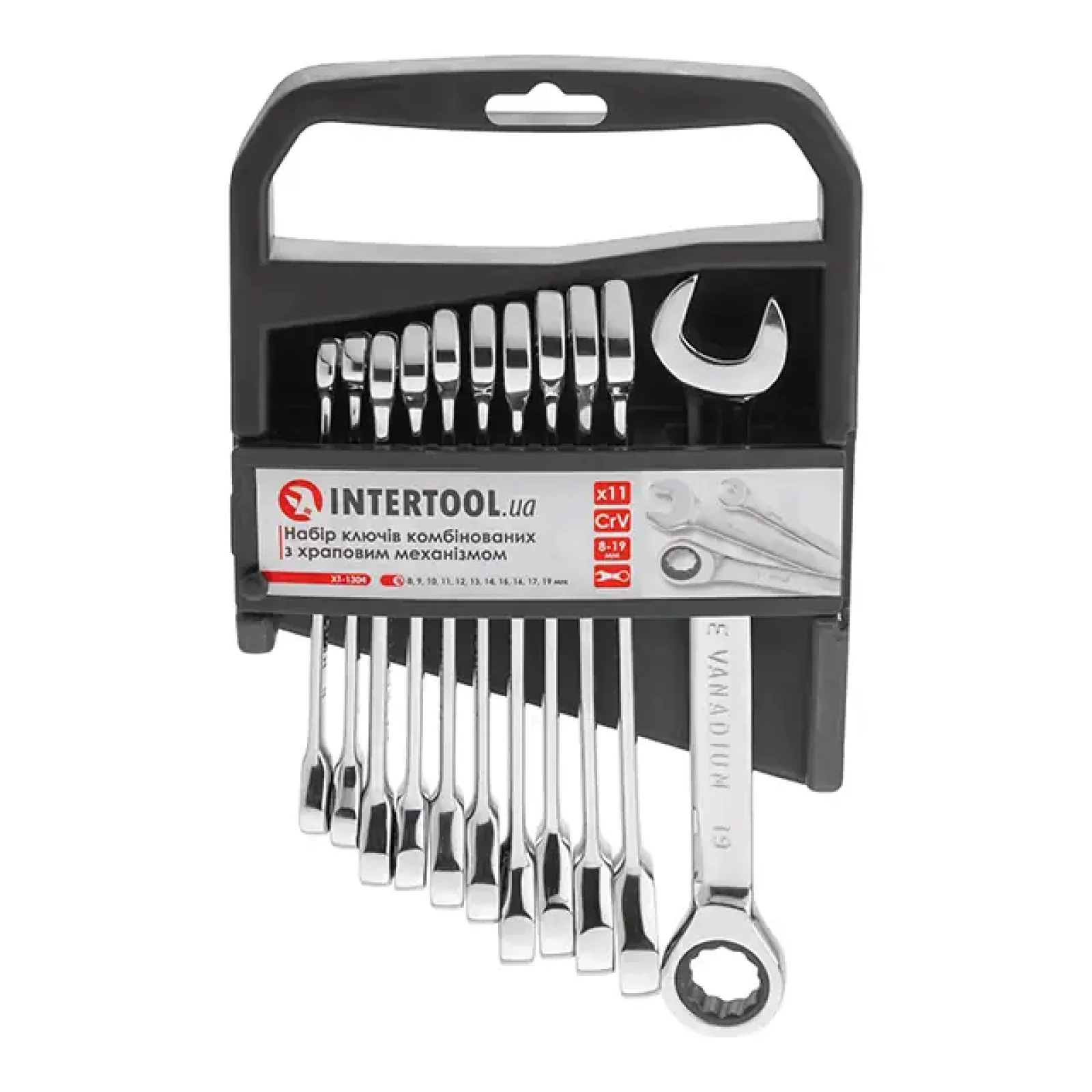 Набір ключів комбінованих, з тріскачкою, 11 шт., 8-19 мм, Cr-V, професійний, DIN3113 INTERTOOL (XT-1304) UA