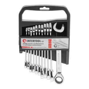 Набір ключів комбінованих, з тріскачкою, 11 шт., 8-19 мм, Cr-V, професійний, DIN3113 INTERTOOL (XT-1304) UA