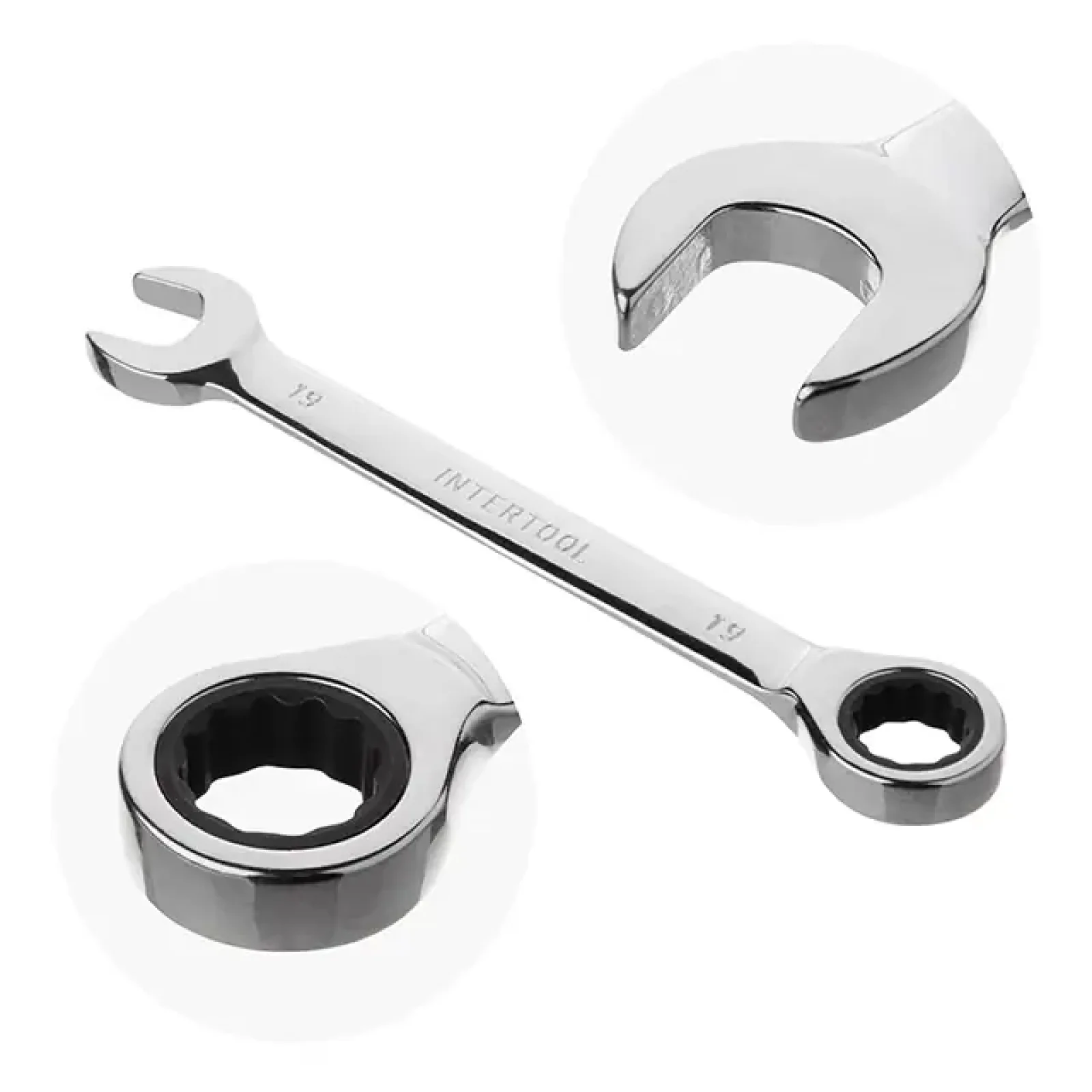 Набір ключів комбінованих, з тріскачкою, 12 шт., 8-19 мм, Cr-V, професійний, DIN3113 INTERTOOL (XT-1305) UA