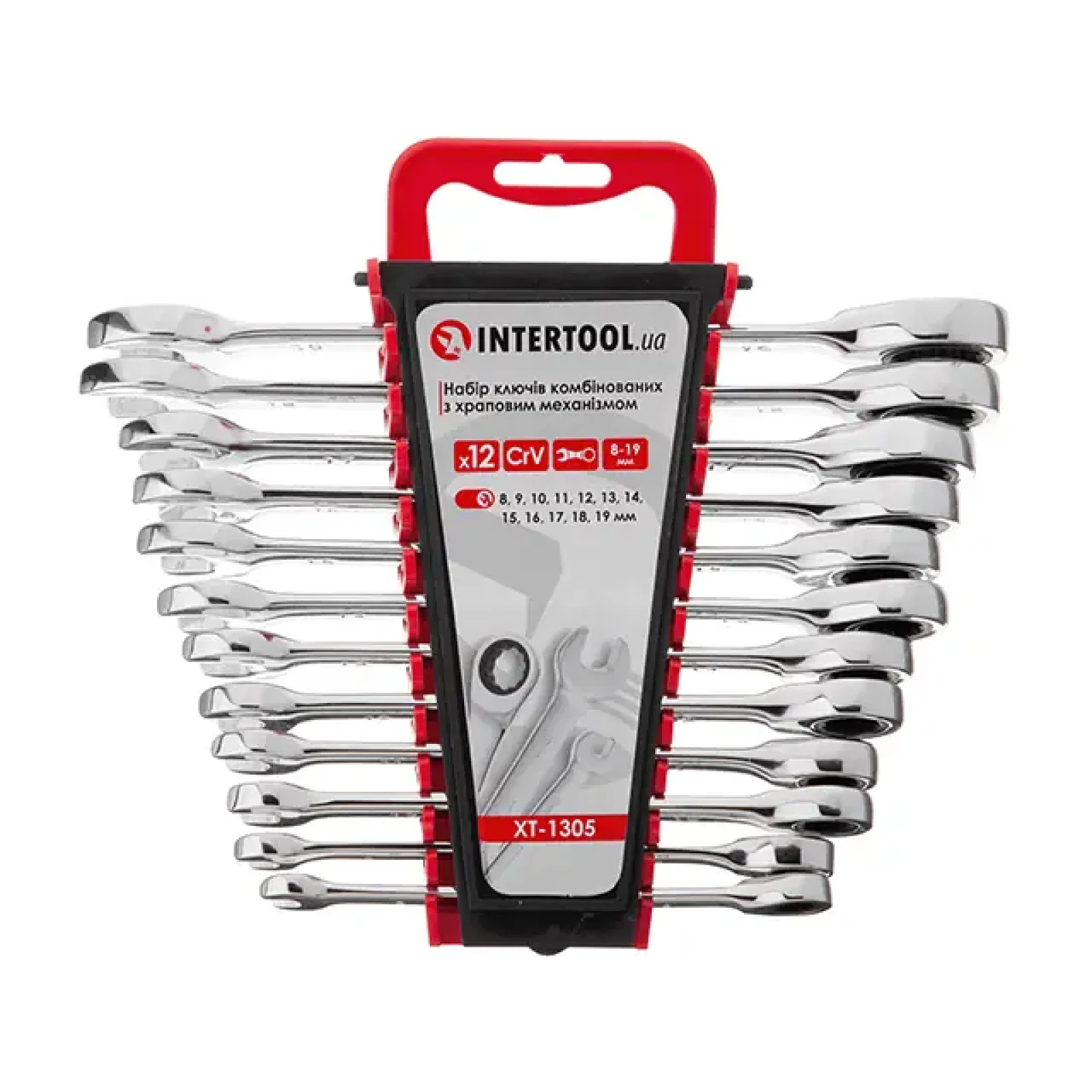 Набір ключів комбінованих, з тріскачкою, 12 шт., 8-19 мм, Cr-V, професійний, DIN3113 INTERTOOL (XT-1305) UA