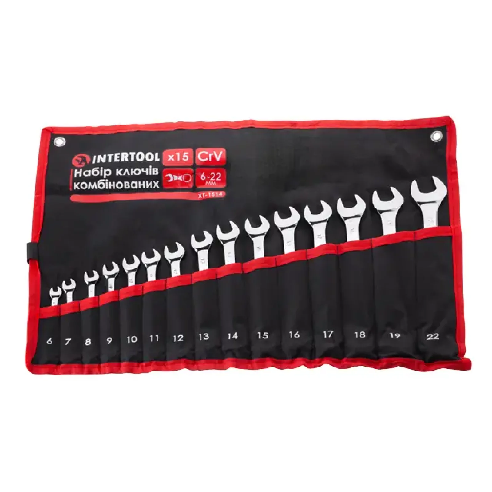 Набір ключів комбінованих, 15 шт., 6-22 мм, професійні, DIN3113, чохол INTERTOOL (XT-1514) UA