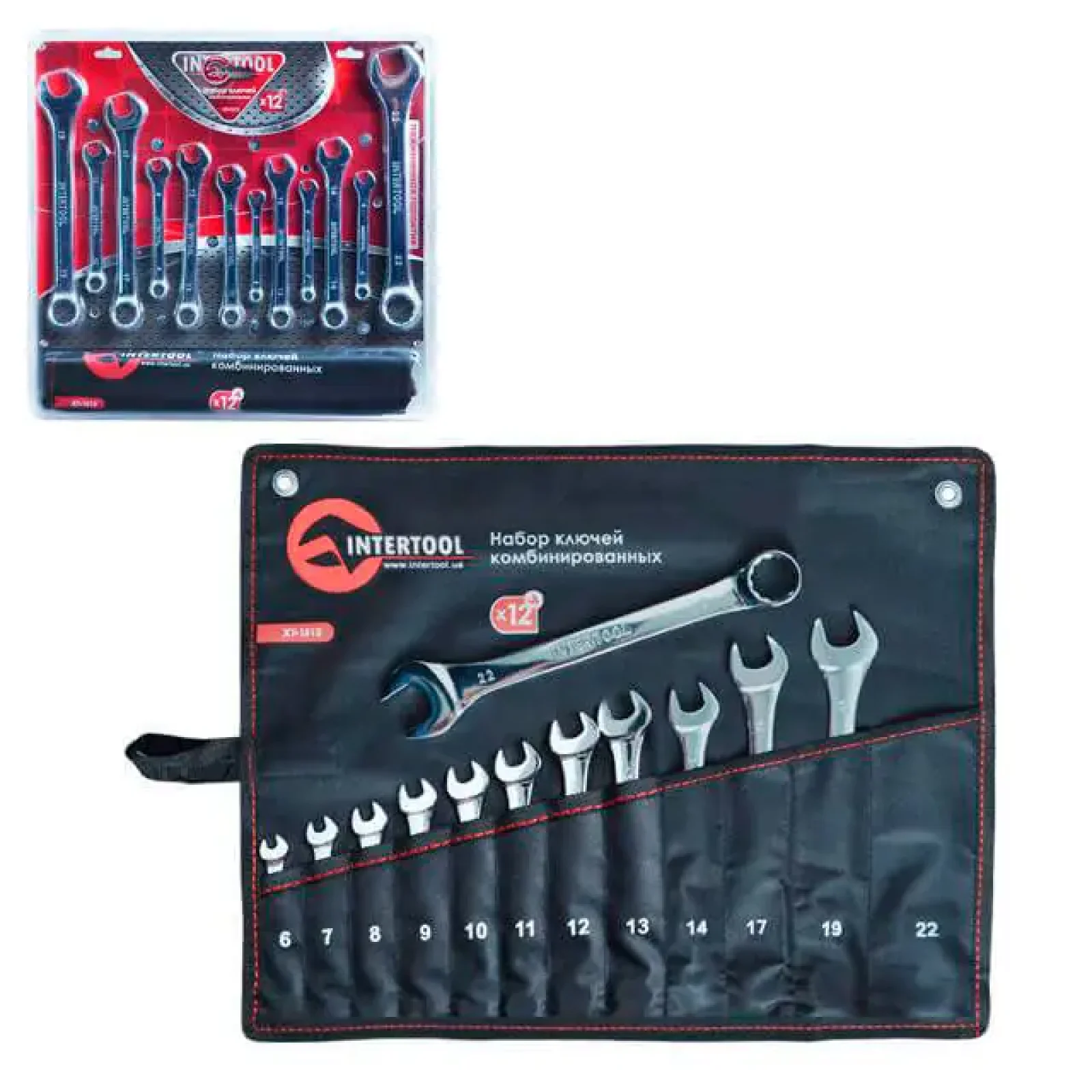 Набір ключів комбінованих, 12 шт., 6-22 мм, Cr-V, професійні, DIN3113, чохол INTERTOOL (XT-1512) UA