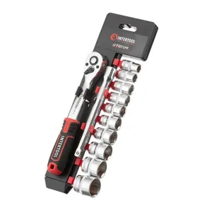 Набір головок STORM, 3/8", Cr-V, 12 од., головки: 10-24 мм, тріскачка 72 зуби, подовжувач 150 мм INTERTOOL (ET-8013) UA