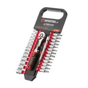 Набір головок і біт STORM, 1/4", Cr-V, 28 од., головки: 4-14 мм, біти: TORX, HEX, PH, SL, тріскачка 72 зуби, подовжувач 100 мм INTERTOOL (ET-8018) UA