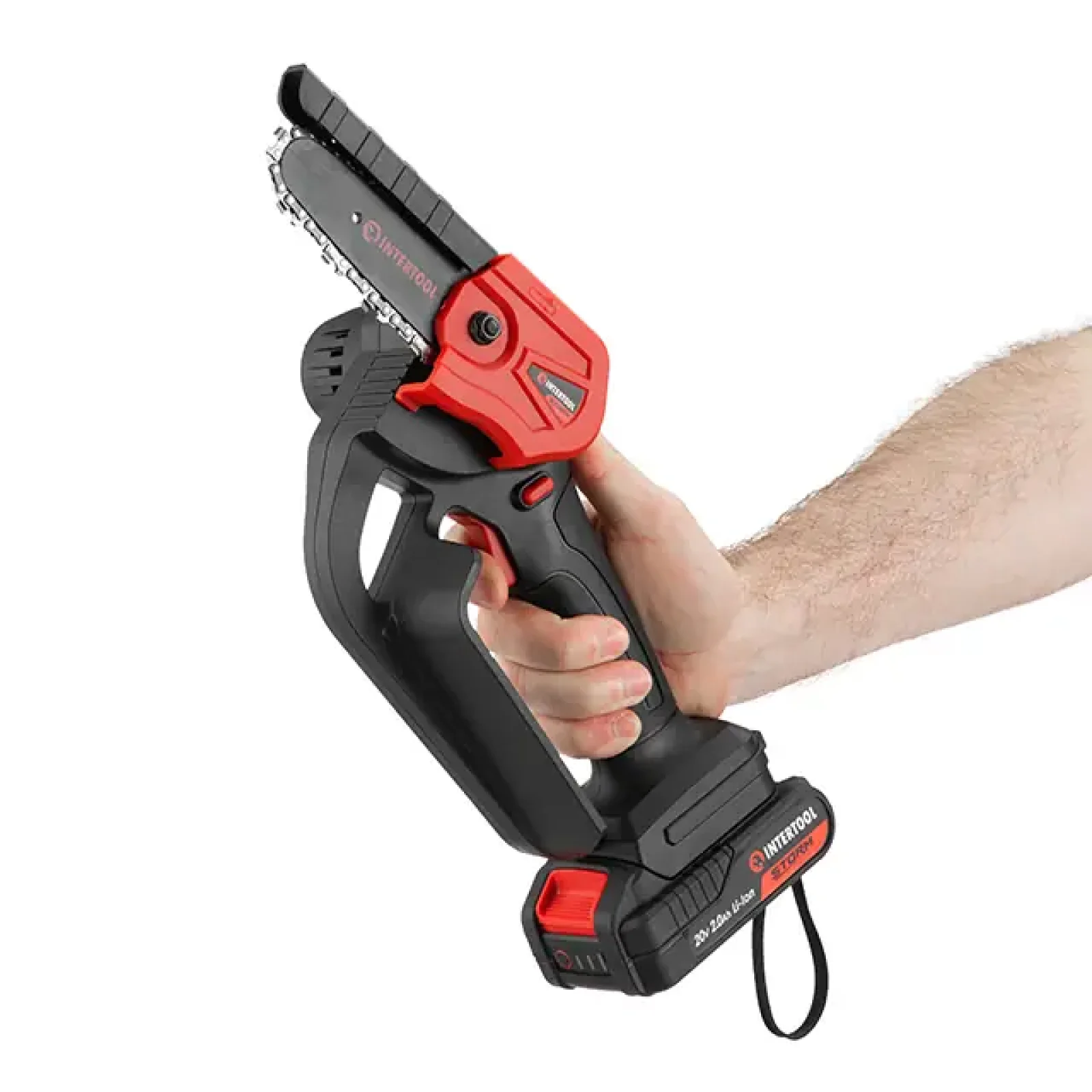 Міні-пилка ланцюгова акумуляторна 20 В, шина 10 см, 4 м/с, Li-ion, 2,0 Ач, ЗП 2А, STORM INTERTOOL (WT-9109) UA