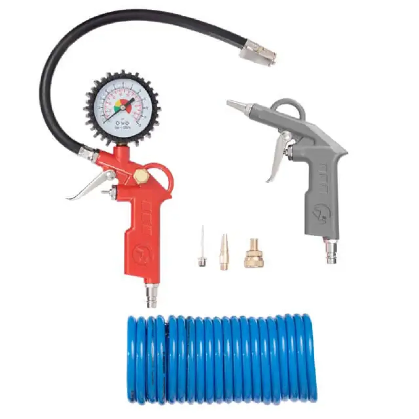 Набір пневмоінструментів 6 од., пістолет для накачування шин, продувальний пістолет, шланг поліуретановий 5 м, три наконечники INTERTOOL (PT-1500) UA