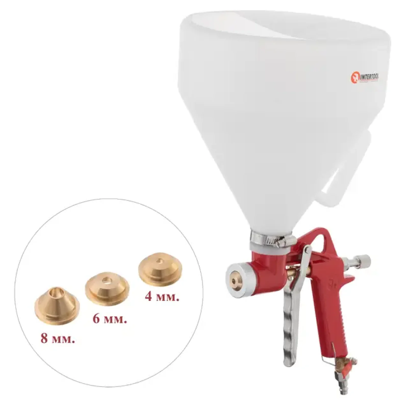 Розпилювач штукатурний пневматичний, форсунки: 4, 6, 8 мм, верхній пластиковий бачок, 7000 мл, 3-6 атм INTERTOOL (PT-0402) UA