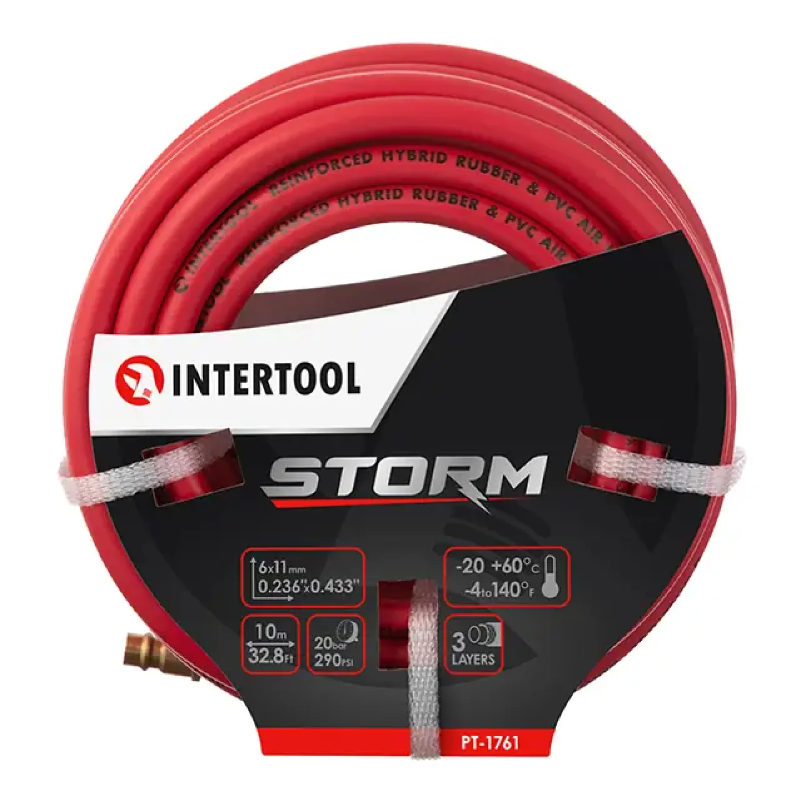 Шланг гібридний, професійний, 20 атм, 6×11 мм, 10 м, з латунними швидкороз'ємними з'єднаннями, STORM INTERTOOL (PT-1761) UA