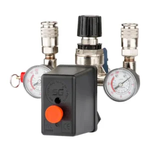 Пресостат 220 В (блок автоматики компресора) в зборі: пресостат, редуктор, 2 манометри, запобіжний клапан, 2 виходи INTERTOOL (PT-9094) UA