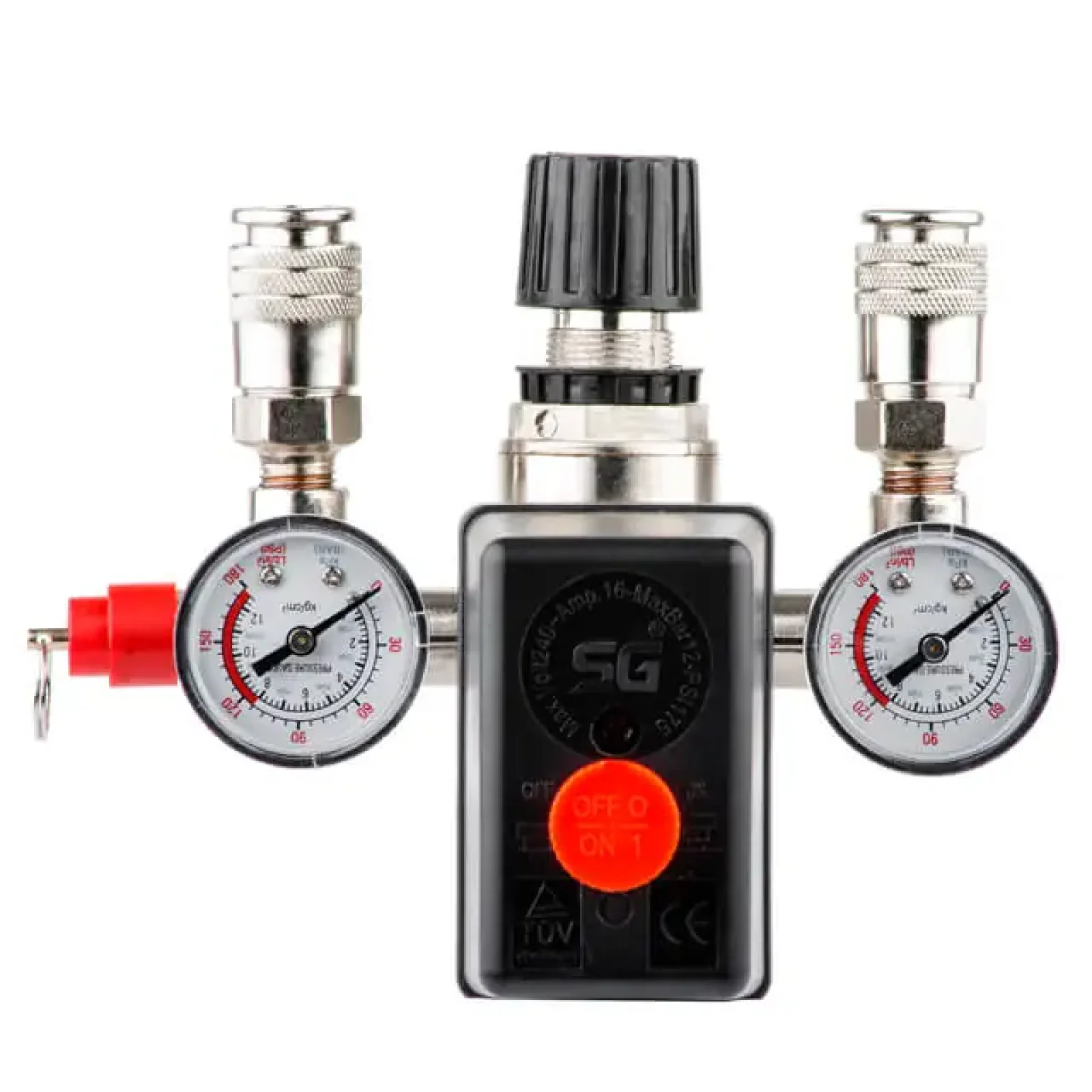 Пресостат 220 В (блок автоматики компресора) в зборі: пресостат, редуктор, 2 манометри, запобіжний клапан, 2 виходи INTERTOOL (PT-9094) UA