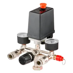 Пресостат 220 В (блок автоматики компресора) в зборі: пресостат, редуктор, 2 манометри, запобіжний клапан, 2 виходи INTERTOOL (PT-9094) UA