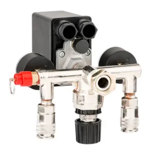 Пресостат 220 В (блок автоматики компресора) в зборі: пресостат, редуктор, 2 манометри, запобіжний клапан, 2 виходи INTERTOOL (PT-9094) UA