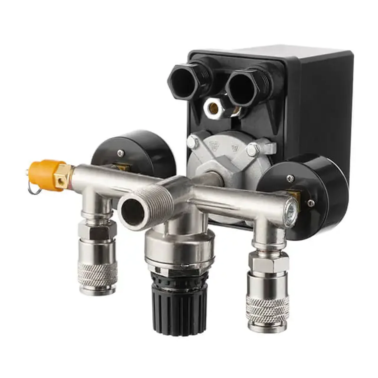 Пресостат 380 В (блок автоматики компресора) в зборі: пресостат, редуктор, 2 манометри, запобіжний клапан, 2 виходи, 10 бар INTERTOOL (PT-9097) UA