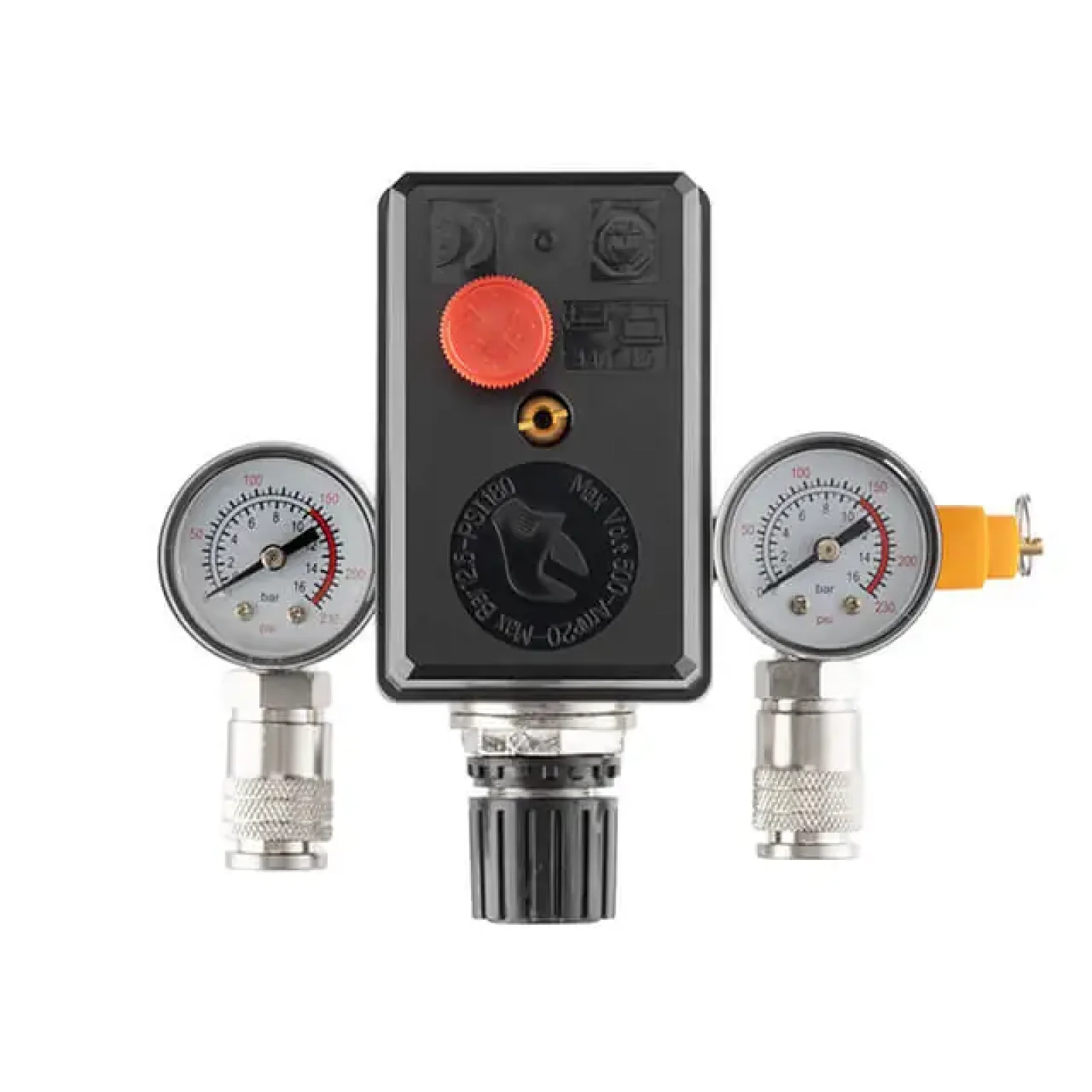 Пресостат 380 В (блок автоматики компресора) в зборі: пресостат, редуктор, 2 манометри, запобіжний клапан, 2 виходи, 10 бар INTERTOOL (PT-9097) UA