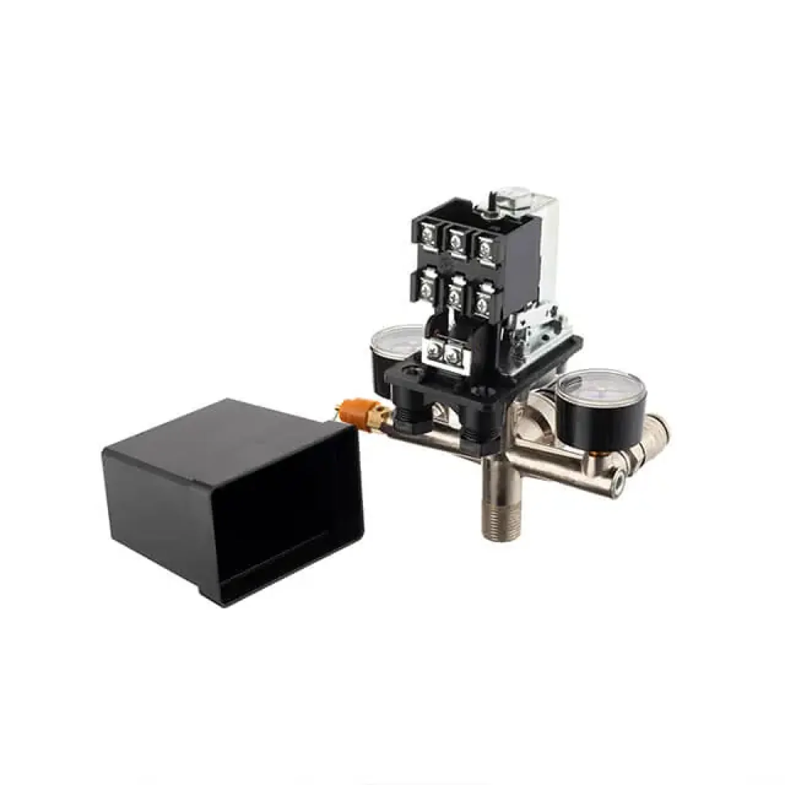 Пресостат 380 В (блок автоматики компресора) в зборі: пресостат, редуктор, 2 манометри, запобіжний клапан, 2 виходи, 10 бар INTERTOOL (PT-9097) UA