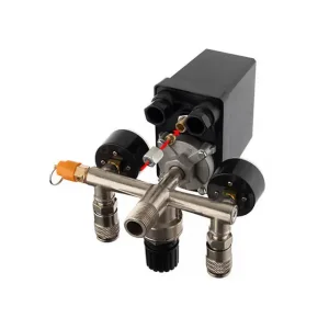 Пресостат 380 В (блок автоматики компресора) в зборі: пресостат, редуктор, 2 манометри, запобіжний клапан, 2 виходи, 10 бар INTERTOOL (PT-9097) UA