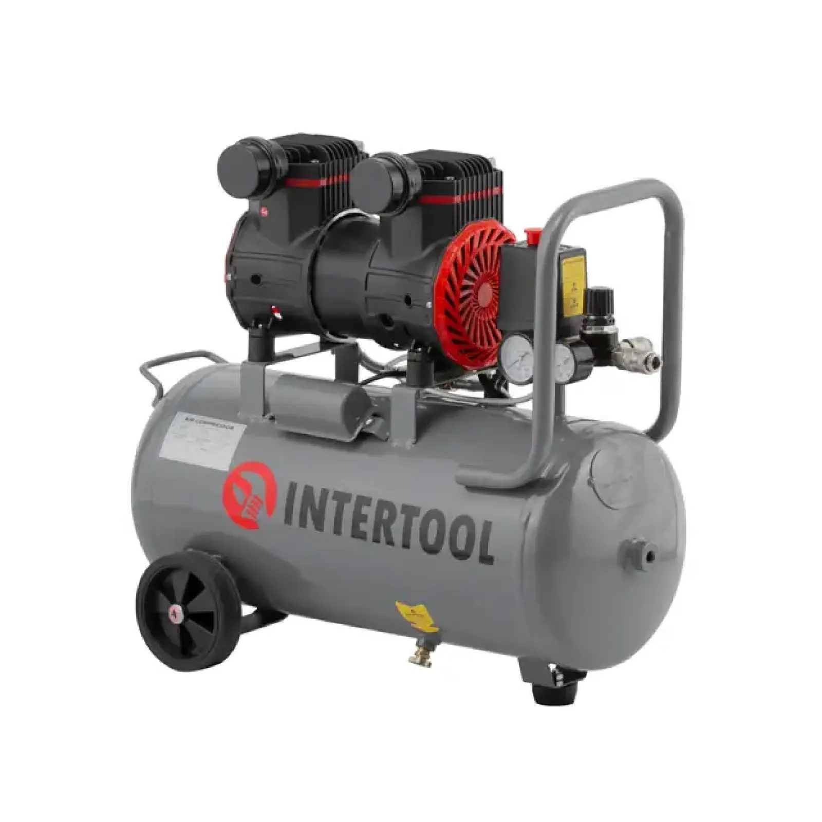 Компресор, 24 л, 1,5 кВт, 230 В, 8 атм, 250 л/хв, 2800 об/хв, безмасляний, 2 циліндри, 68 дБ INTERTOOL (PT-0033) UA