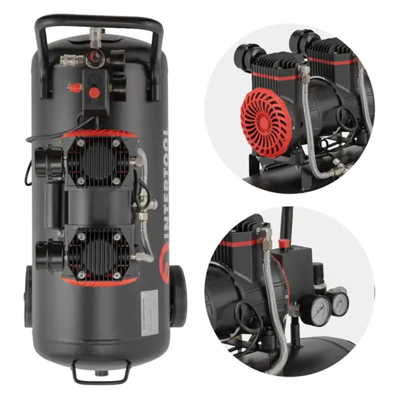 Компресор, 50 л, 1,5 кВт, 230 В, 8 aтм, 250 л/хв, 2800 об/хв, безмасляний, 2 циліндри, 63 дБ INTERTOOL (PT-0035) UA