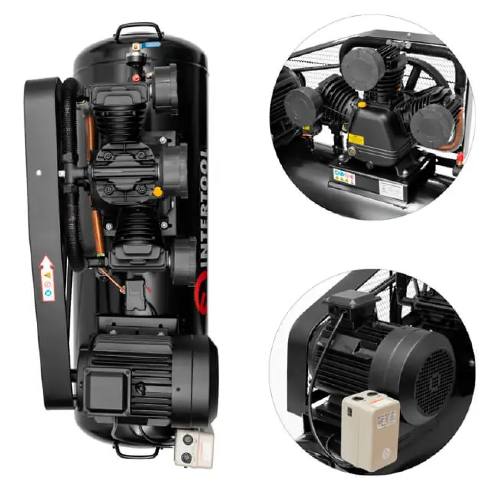 Компресор, 200 л, 7,5 кВт, 380 В, 10 атм, 1050 л/хв, 3 циліндри INTERTOOL (PT-0040) UA
