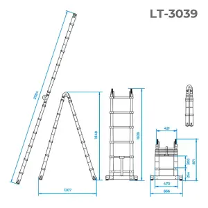 Драбина алюмінієва універсальна розкладна телескопічна, 12 сход., 3,85 м, 150 кг INTERTOOL (LT-3039) UA