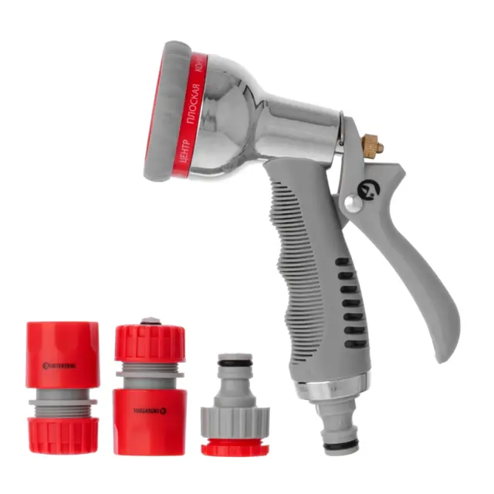 Пістолет-розпилювач для поливу, 8 режимів, хромований, матеріали: ABS, PP, TPR, Zinc alloy, набір аксесуарів для підключення INTERTOOL (GE-0005) UA