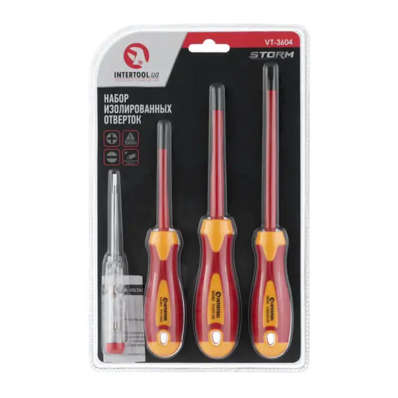 Набір ізольованих викруток з індикатором напруги, 4 од., VDE, Cr-V, 80-125 мм (SL1×5,5 мм, PH1, PH2, викрутка індикатор) STORM INTERTOOL (VT-3604) UA