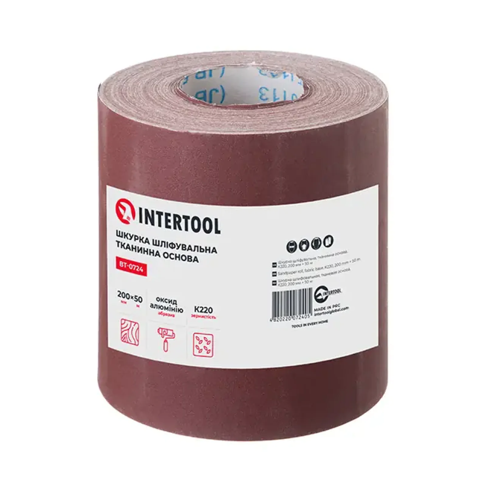 Шкурка шліфувальна, тканинна основа, К220, 200 мм × 50 м INTERTOOL (BT-0724) UA