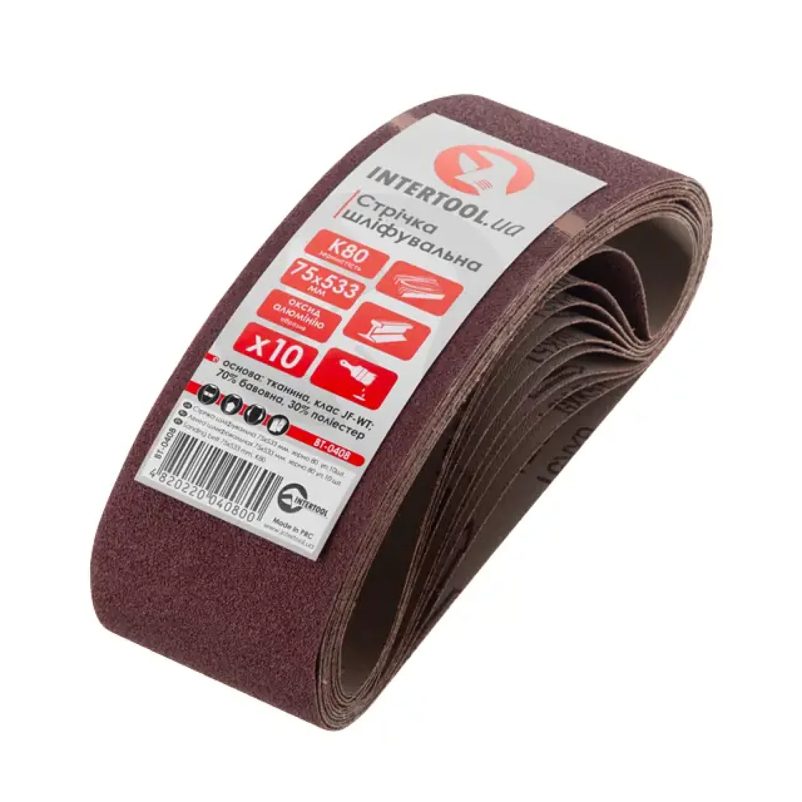 Стрічка шліфувальна, 75×533 мм, зерно K80, 10 шт. INTERTOOL (BT-0408) UA