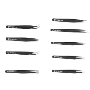 Набір пінцетів радіотехнічних, 9 шт., антистатичні, в чохлі INTERTOOL (NT-6002) UA