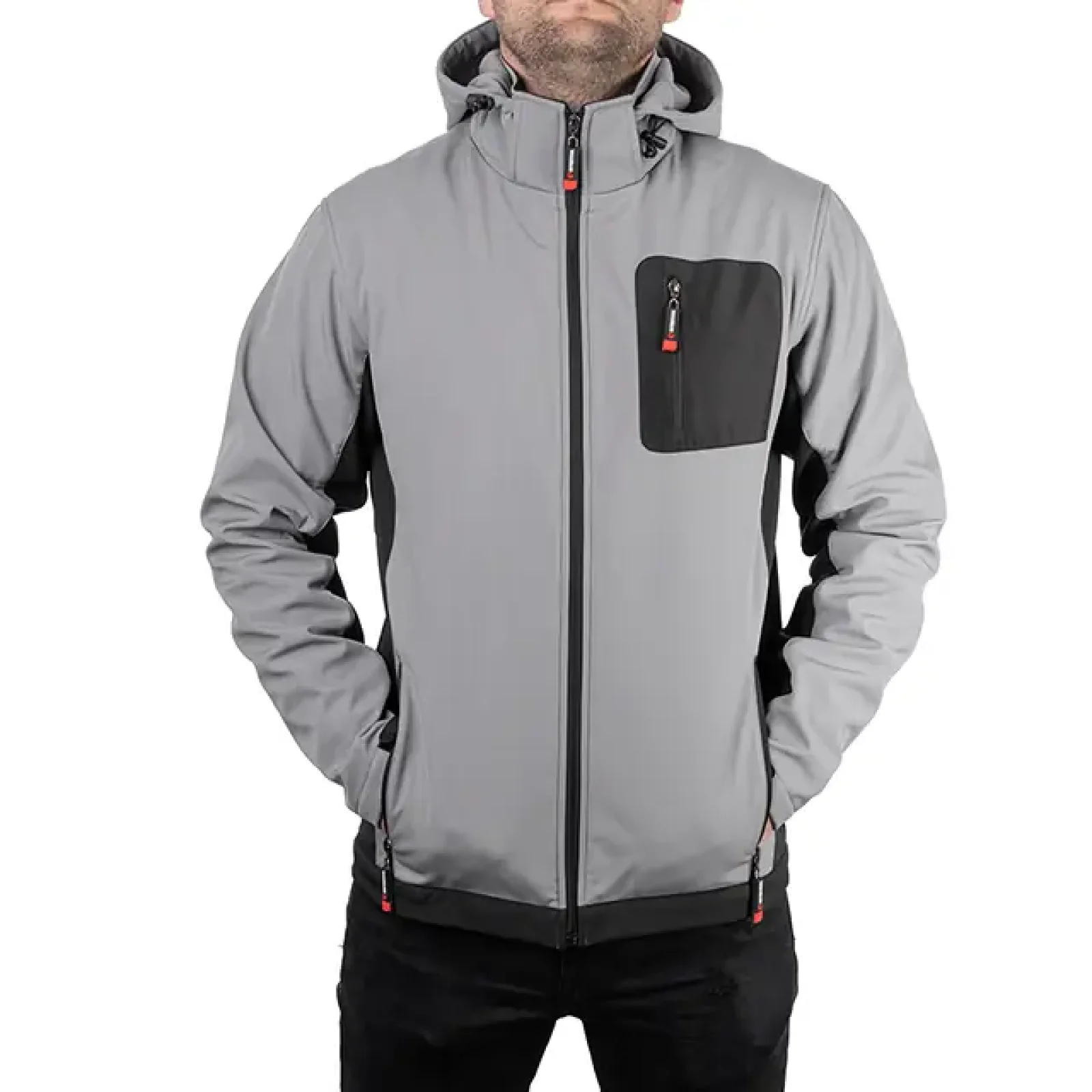 Куртка SOFTSHELL світло-сіро/чорна, з капюшоном, тришарова, стрейч 300 GSM 100D, водо-/вітрозахист, 96% поліестер / 4% еластан, 3 кишені, S INTERTOOL (SP-3121) UA