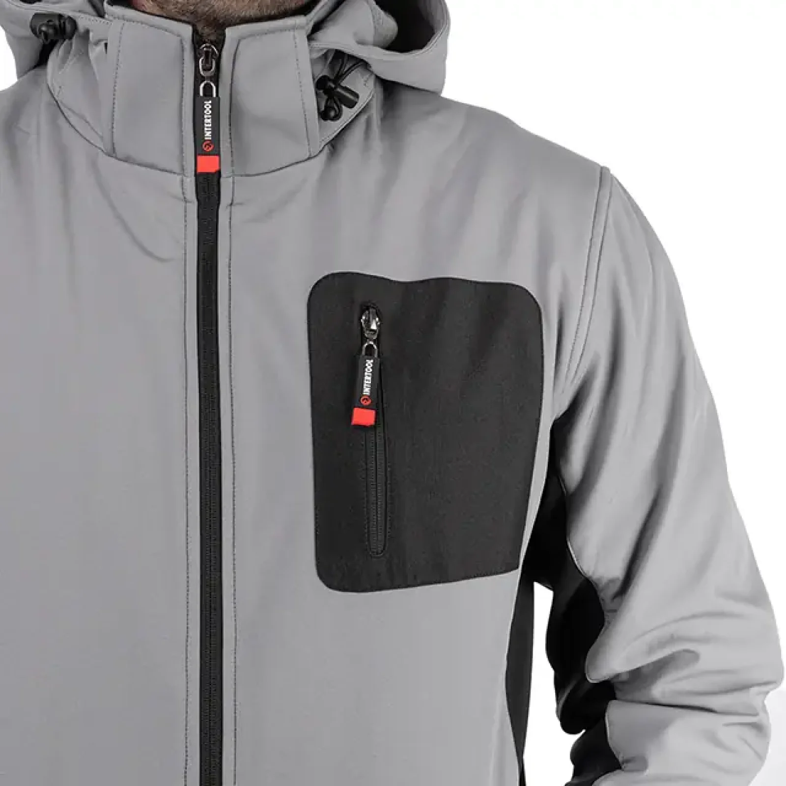 Куртка SOFTSHELL світло-сіро/чорна, з капюшоном, тришарова, стрейч 300 GSM 100D, водо-/вітрозахист, 96% поліестер / 4% еластан, 3 кишені, S INTERTOOL (SP-3121) UA