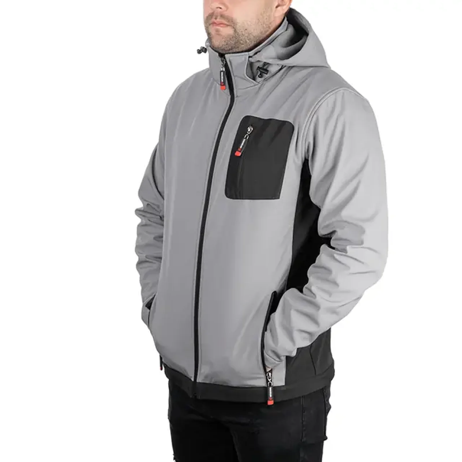 Куртка SOFTSHELL світло-сіро/чорна, з капюшоном, тришарова, стрейч 300 GSM 100D, водо-/вітрозахист, 96% поліестер / 4% еластан, 3 кишені, M INTERTOOL (SP-3122) UA