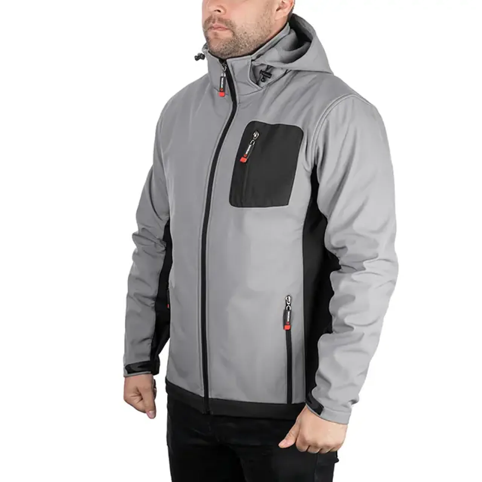 Куртка SOFTSHELL світло-сіро/чорна, з капюшоном, тришарова, стрейч 300 GSM 100D, водо-/вітрозахист, 96% поліестер / 4% еластан, 3 кишені, XXL INTERTOOL (SP-3125) UA