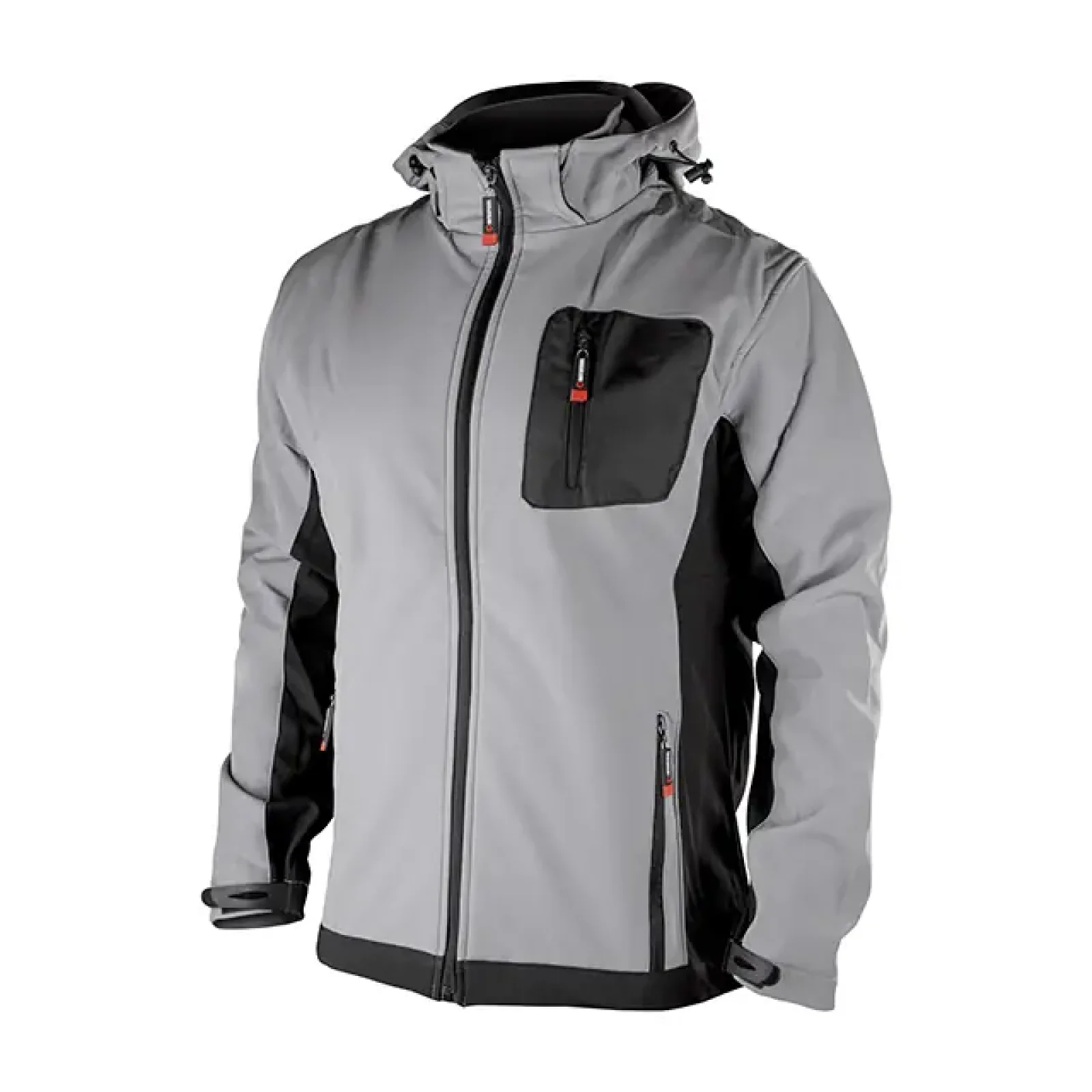 Куртка SOFTSHELL світло-сіро/чорна, з капюшоном, тришарова, стрейч 300 GSM 100D, водо-/вітрозахист, 96% поліестер / 4% еластан, 3 кишені, XXXL INTERTOOL (SP-3126) UA