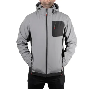 Куртка SOFTSHELL світло-сіро/чорна, з капюшоном, тришарова, стрейч 300 GSM 100D, водо-/вітрозахист, 96% поліестер / 4% еластан, 3 кишені, XXXL INTERTOOL (SP-3126) UA