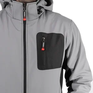 Куртка SOFTSHELL світло-сіро/чорна, з капюшоном, тришарова, стрейч 300 GSM 100D, водо-/вітрозахист, 96% поліестер / 4% еластан, 3 кишені, XXXL INTERTOOL (SP-3126) UA