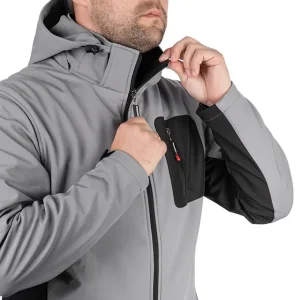 Куртка SOFTSHELL світло-сіро/чорна, з капюшоном, тришарова, стрейч 300 GSM 100D, водо-/вітрозахист, 96% поліестер / 4% еластан, 3 кишені, XXXL INTERTOOL (SP-3126) UA