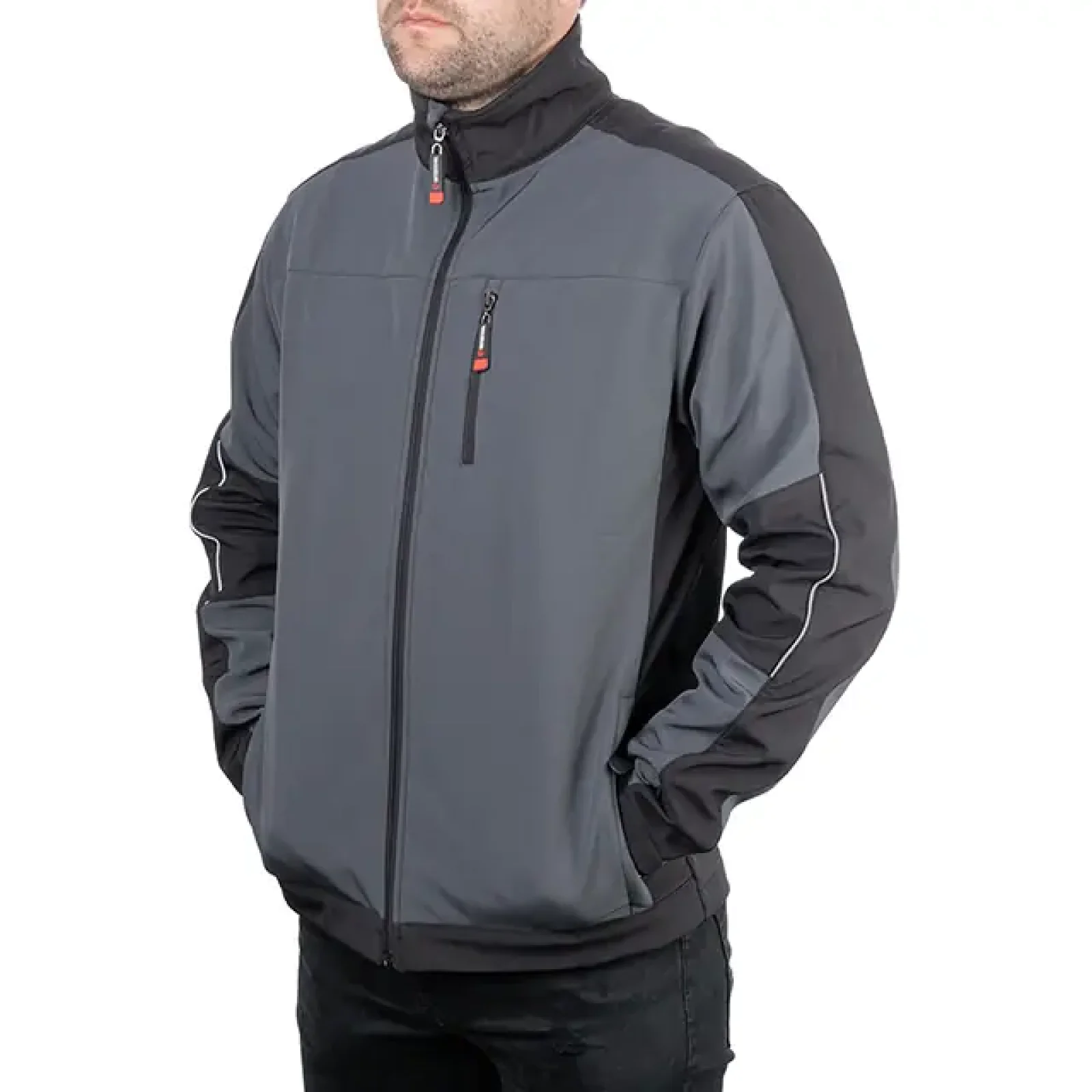 Куртка SOFTSHELL темно-сіро/чорна, тришарова, стрейч 300 GSM 100D, водо-/вітрозахист, 96% поліестер / 4% еластан, 3 кишені, XXXL INTERTOOL (SP-3136) UA