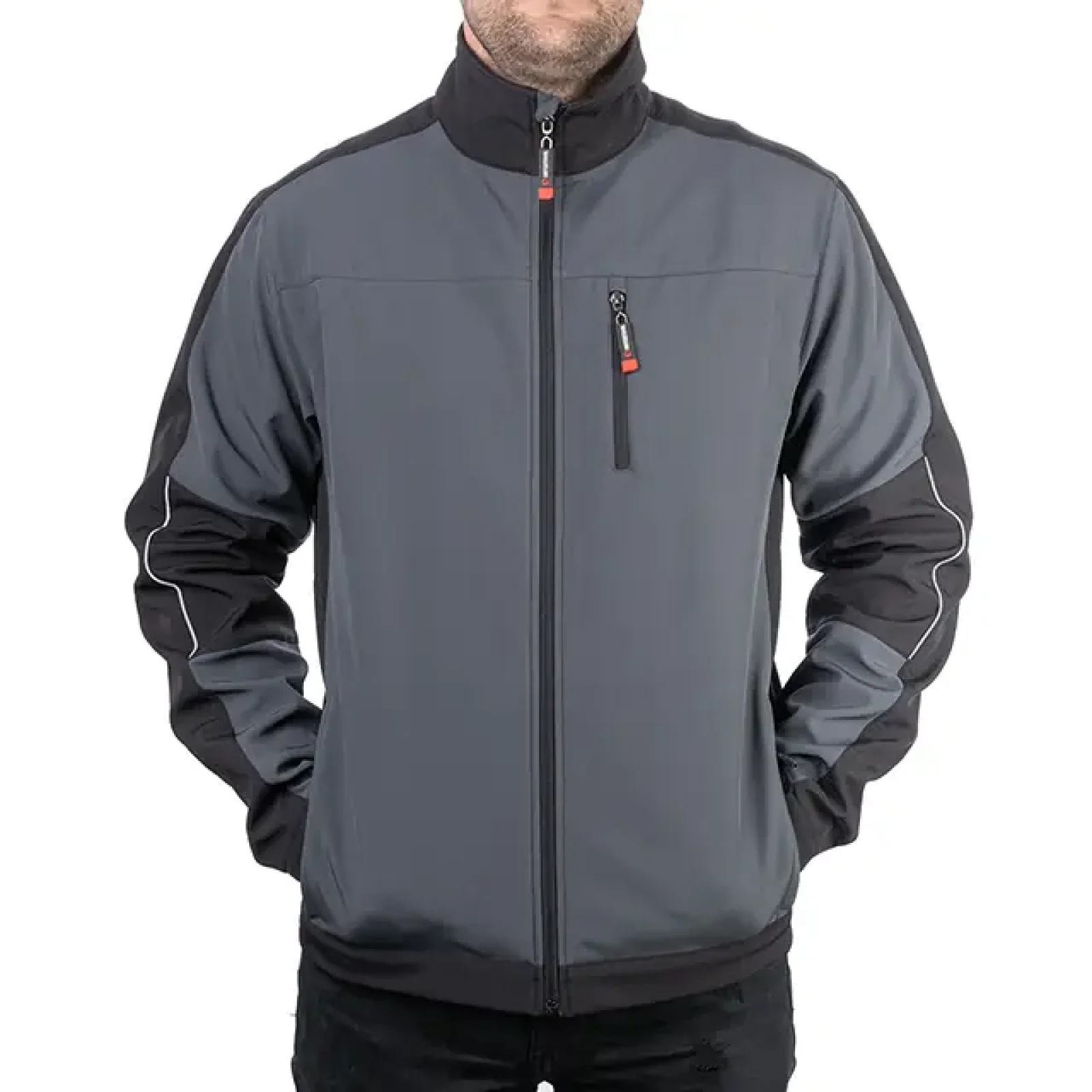 Куртка SOFTSHELL темно-сіро/чорна, тришарова, стрейч 300 GSM 100D, водо-/вітрозахист, 96% поліестер / 4% еластан, 3 кишені, XXXL INTERTOOL (SP-3136) UA