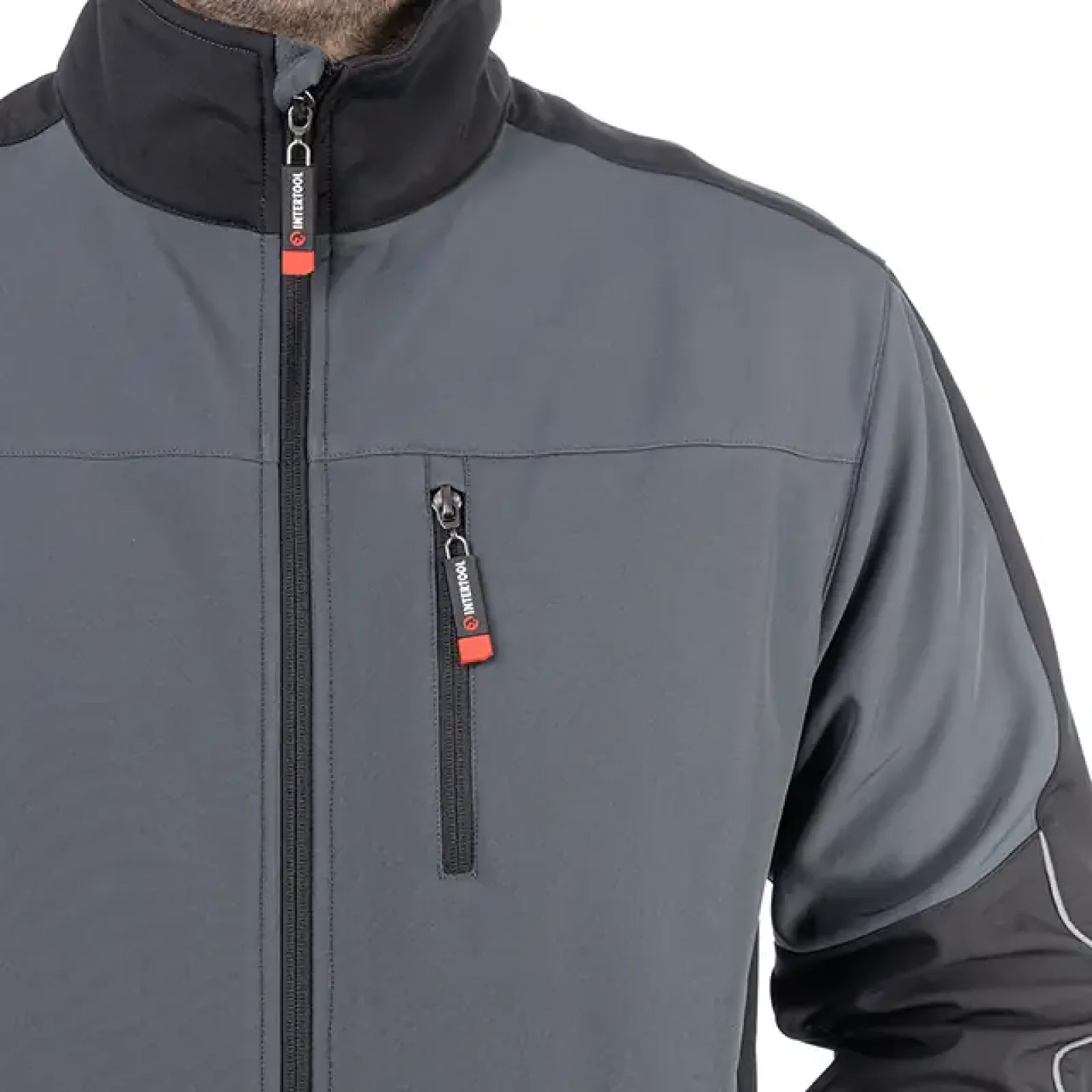 Куртка SOFTSHELL темно-сіро/чорна, тришарова, стрейч 300 GSM 100D, водо-/вітрозахист, 96% поліестер / 4% еластан, 3 кишені, XXXL INTERTOOL (SP-3136) UA