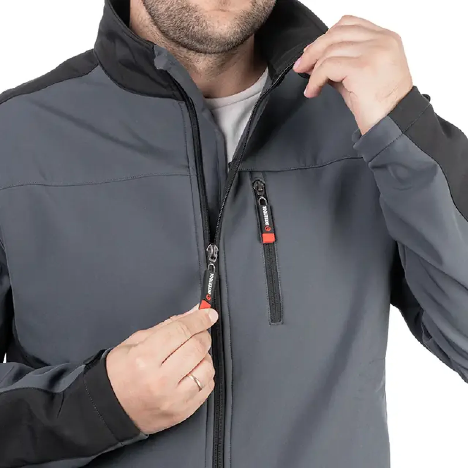 Куртка SOFTSHELL темно-сіро/чорна, тришарова, стрейч 300 GSM 100D, водо-/вітрозахист, 96% поліестер / 4% еластан, 3 кишені, XXXL INTERTOOL (SP-3136) UA
