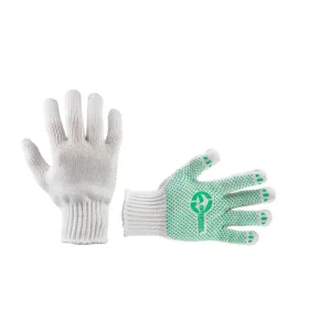 Рукавичка трикотажна, зелені ПВХ крапки, 70% бавовна / 30% поліестер, 10", клас в’язки 10, біла, 68 г INTERTOOL (SP-0133) UA