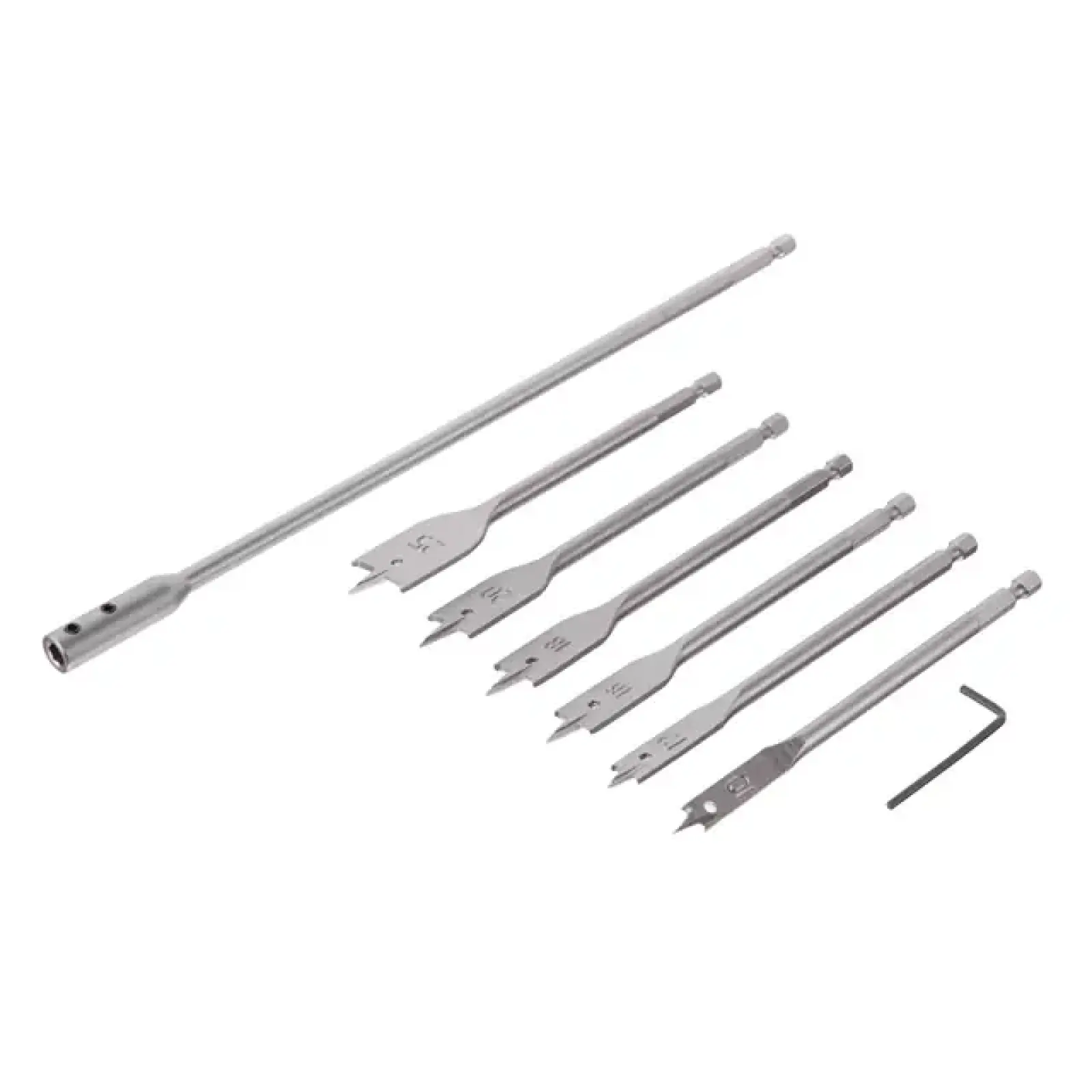 Набір пір'яних свердел по деревині, 6 шт. (10, 12, 16, 18, 20, 25 мм), HEX, подовжувач 300 мм INTERTOOL (SD-0207) UA