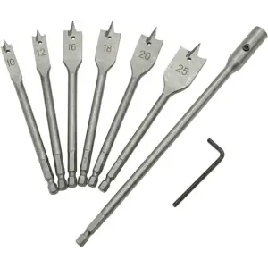 Набір пір'яних свердел по деревині, 6 шт. (10, 12, 16, 18, 20, 25 мм), HEX, подовжувач 300 мм INTERTOOL (SD-0207) UA