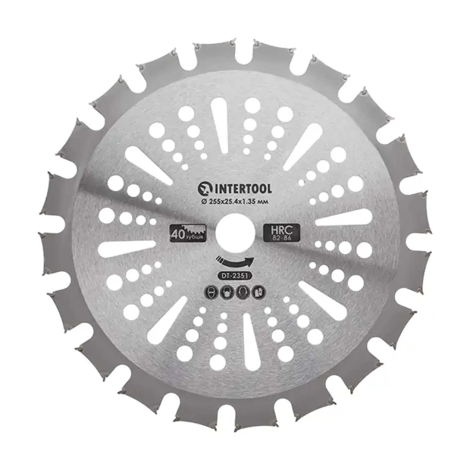 Ніж для мотокоси/тримера з твердосплавними напайками ø255x25.4x1.35 мм 40T, HRC 82-86, двосторонній INTERTOOL (DT-2351) UA