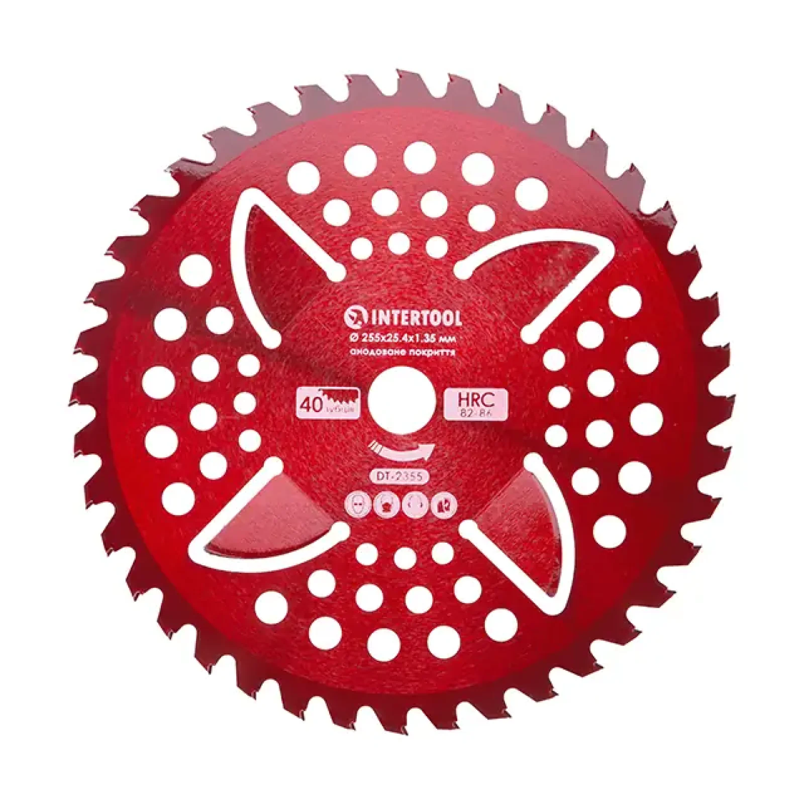 Ніж для мотокоси/тримера з твердосплавними напайками ø255x25.4x1.35 мм 40T, HRC 82-86, 4 підрізні лопаті, анодоване покриття INTERTOOL (DT-2355) UA