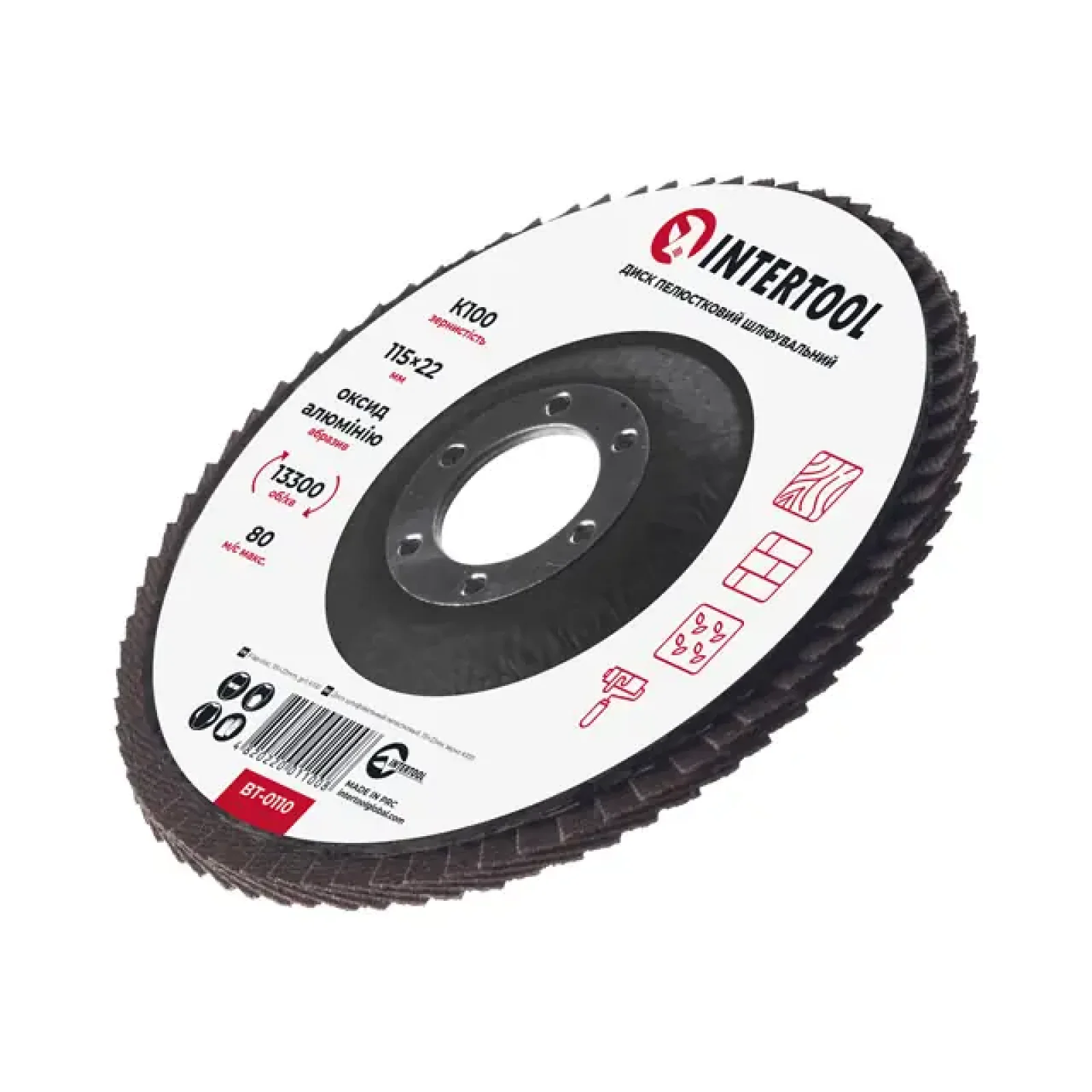 Диск шліфувальний пелюстковий, 115×22 мм, зерно K100, 13300 об/хв INTERTOOL (BT-0110) UA