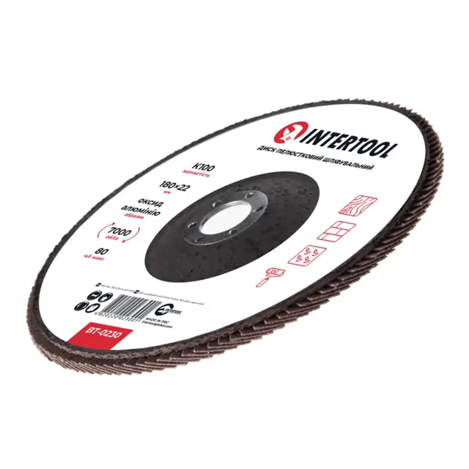 Диск шліфувальний пелюстковий, 180×22 мм, зерно K100, 7000 об/хв INTERTOOL (BT-0230) UA