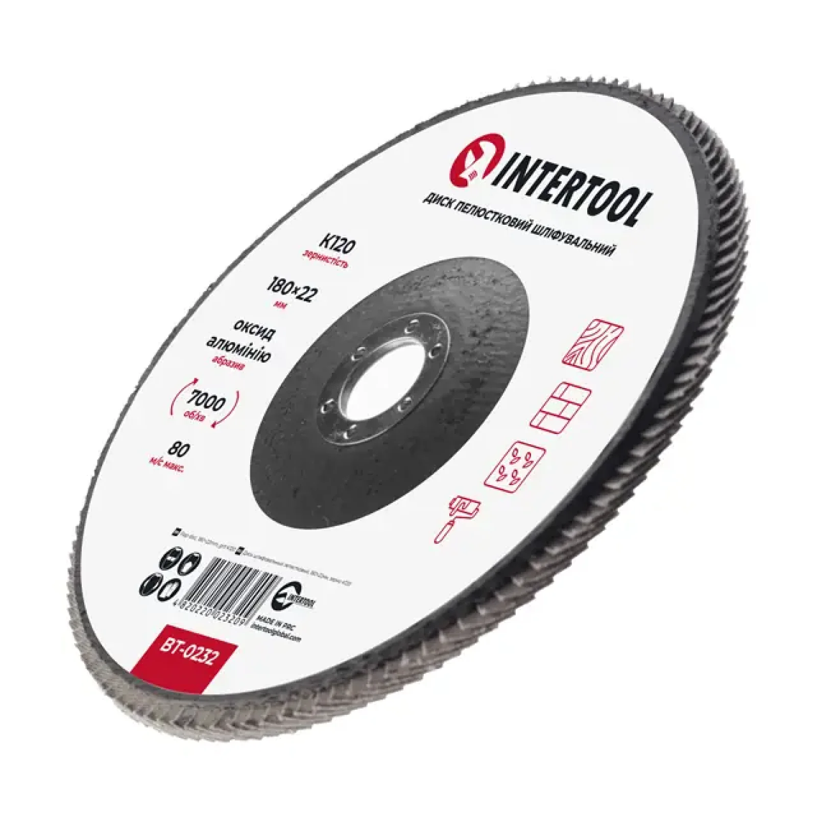 Диск шліфувальний пелюстковий, 180×22 мм, зерно K120, 7000 об/хв INTERTOOL (BT-0232) UA